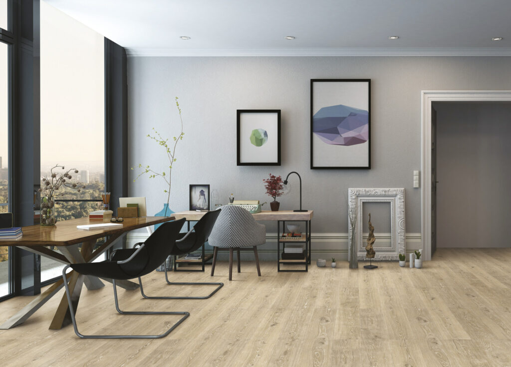 Esszimmer mit werkhaus Korkboden aus der Kollektion GeoKork. Der Korkist in einer Holzoptik – KI bearbeitet